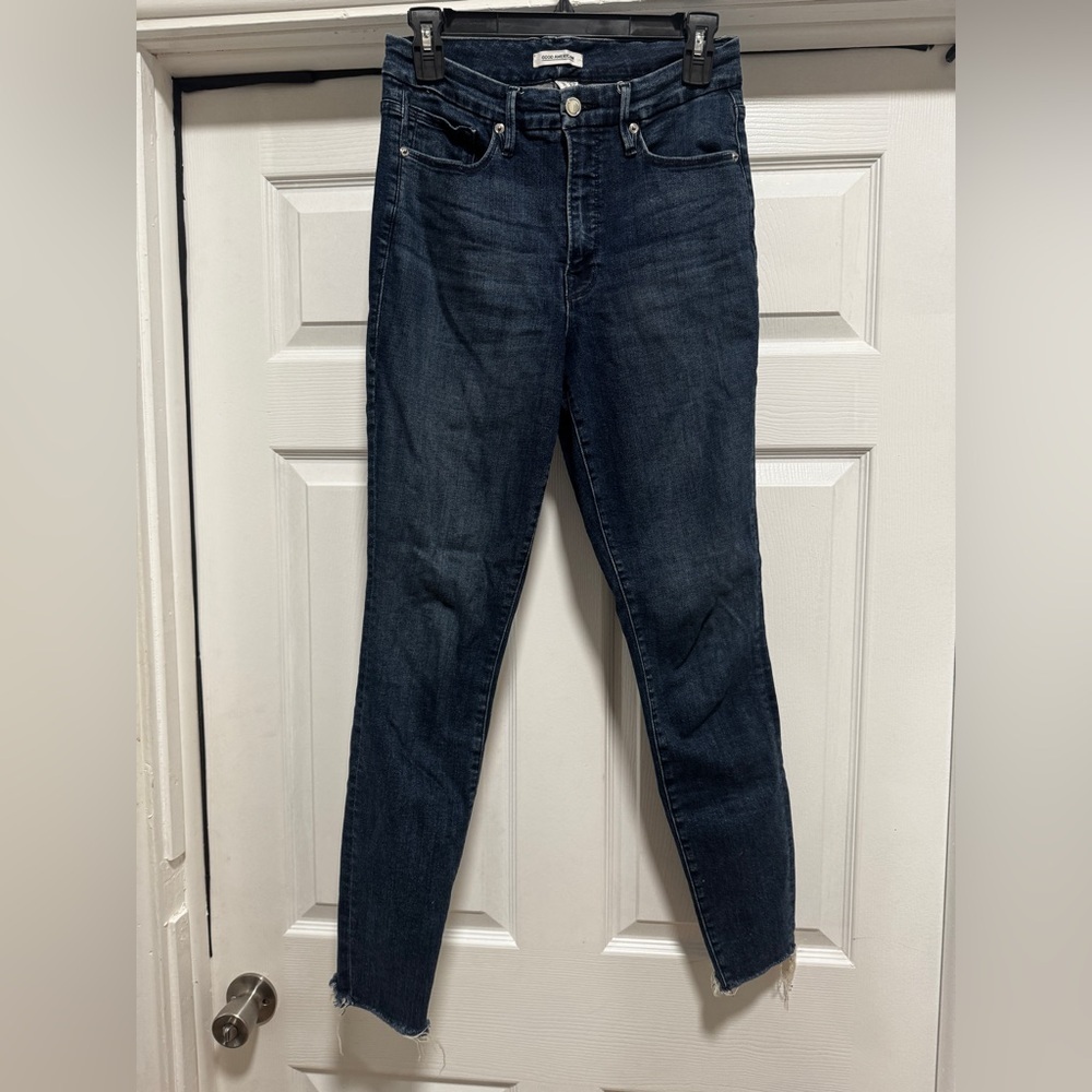 Good American Good Legs skinny stretch blue jeans 10 frayed hem